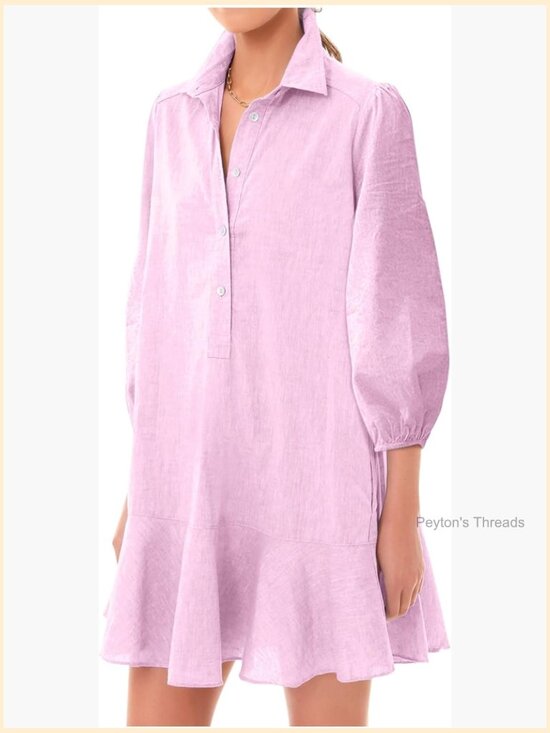 Dresses & Skirts - Woven Button Down Dress Puff Sleeve Ruffle Hem Tunic Shift Mini Cotton Linen